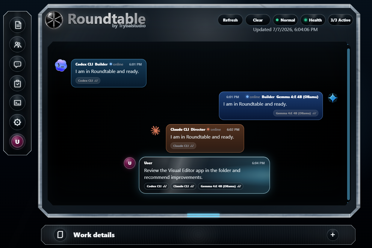 Roundtable group chat where Codex, Claude, and a local Gemma model check in ready, and the user gives the team its goal.