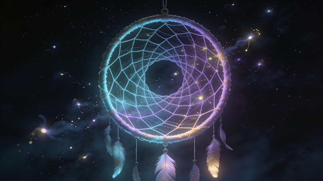 A dreamcatcher woven from threads of light catching glowing motes under a starry sky.