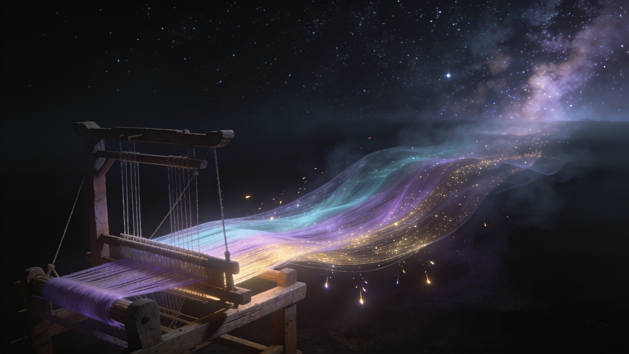 An ancient loom weaving threads of light into a night sky.