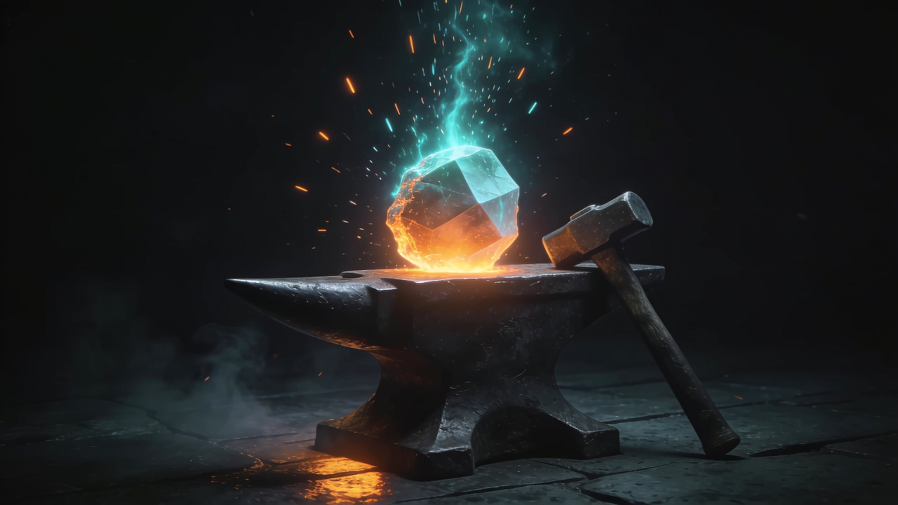 A glowing half-formed crystal being shaped on an anvil, sparks rising into the dark.
