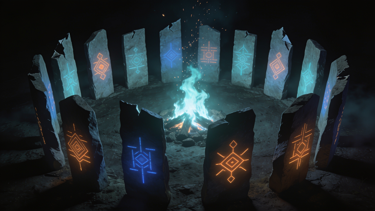 A circle of glowing totems gathered around a fire of light.
